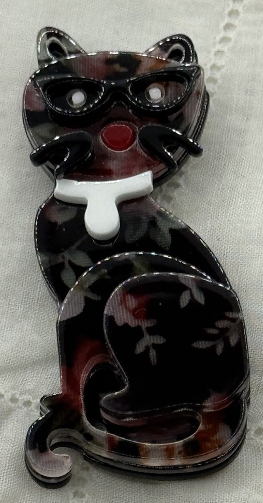 Artsy See Thru Designs Blk Eye Glasses White Collar Cat Brooch/Pin