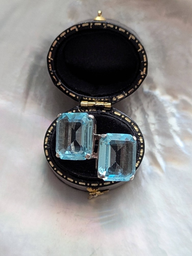 Vintage Retro 1940s Double Aqua Blue Glass Sterling Silver Ring