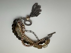 Vintage Sterling Silver Smoky Quartz Pearl 5 Strand Bracelet 8” JB23