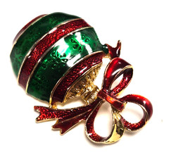 Estate Gold Tone Christmas Ornament & Red Ribbon Enamel Holiday Pin / Brooch