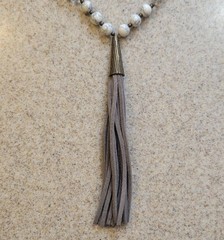 Gray Leather Tassels And Brass Pendant On Braided Beaded 32in Cord Necklace