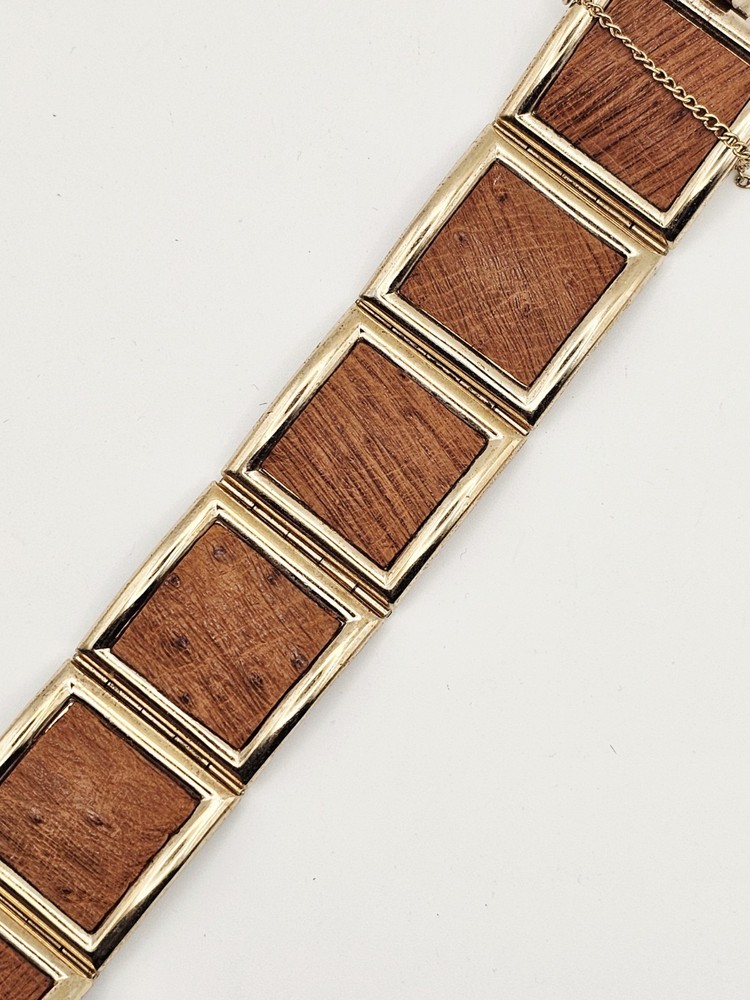 Vintage Bergere Brown Leather Panel Bracelet Gold Tone 6.5″