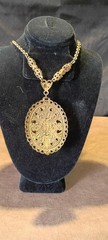 Vintage Signed W Germany Ornate Filigree Pendant Necklace Purple Glass Pearl