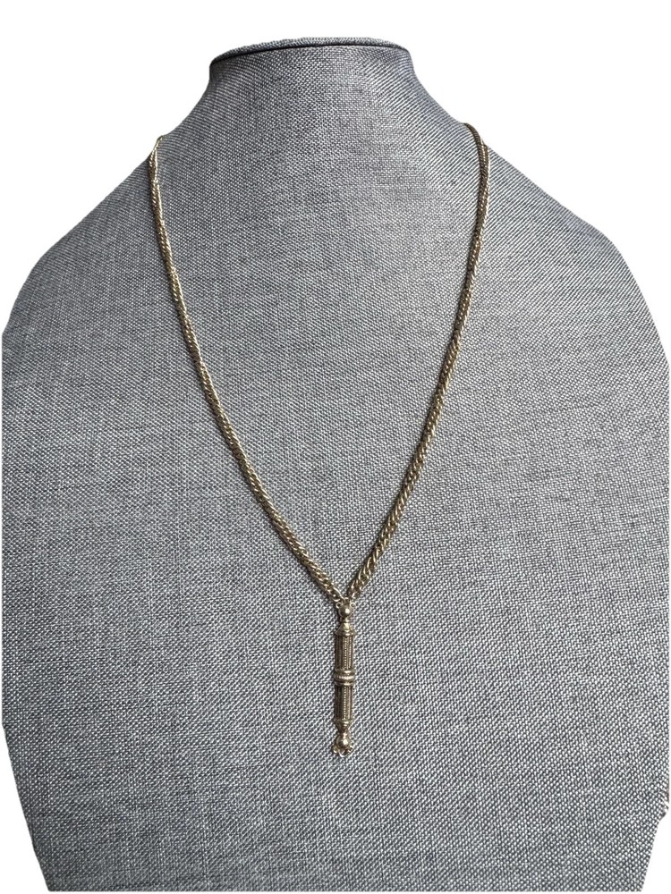 Gold Tone Tassel Pendant Flat Back Necklace 14.75” Long Barrel Clasp VTG