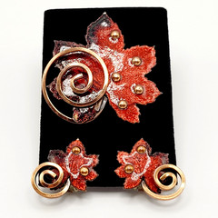 Vintage Matisse Leaf Brooch and Clip On Earrings Copper Enamel Vintage 1950s Set