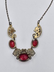Antique Brass Filigree Necklace Red Glass Stones Art Deco Nouveau Style