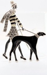 Pet Friends Rhinestone Enamel Brooch Silver Tone Woman Walking Dog Art Deco FREE