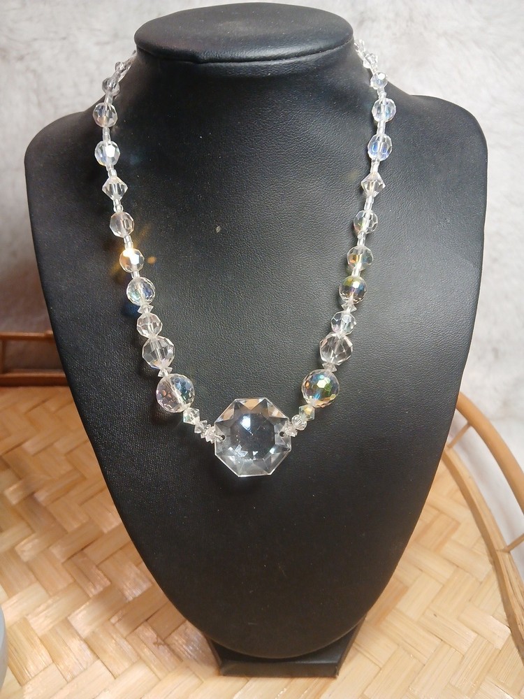 Vtg Art Deco Rock Crystal Faceted Bead 16.5” Necklace/choker