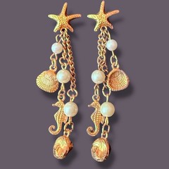 Starfish Earrings Seahorse Shell Dangle Vintage Gold Tone Faux Pearl Pierced