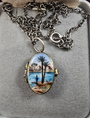 Deco Silver Gilt 800 Egyptian Revival Enamel Moses Basket Locket Pendant 1920s