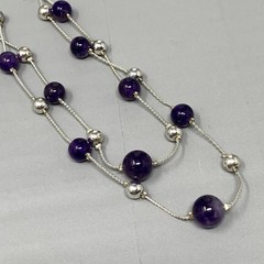 Amethyst Stone Beaded Necklace Silver Tone Chain Beads Double Strand Station 18″