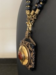 Vtg PATRICE Brass Carnelian Onyx Double Strand Bead Pendant Necklace Earring Set