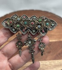 Vintage Czech Multi Color Stones Rhinestones Dangle Brooch Pin Large