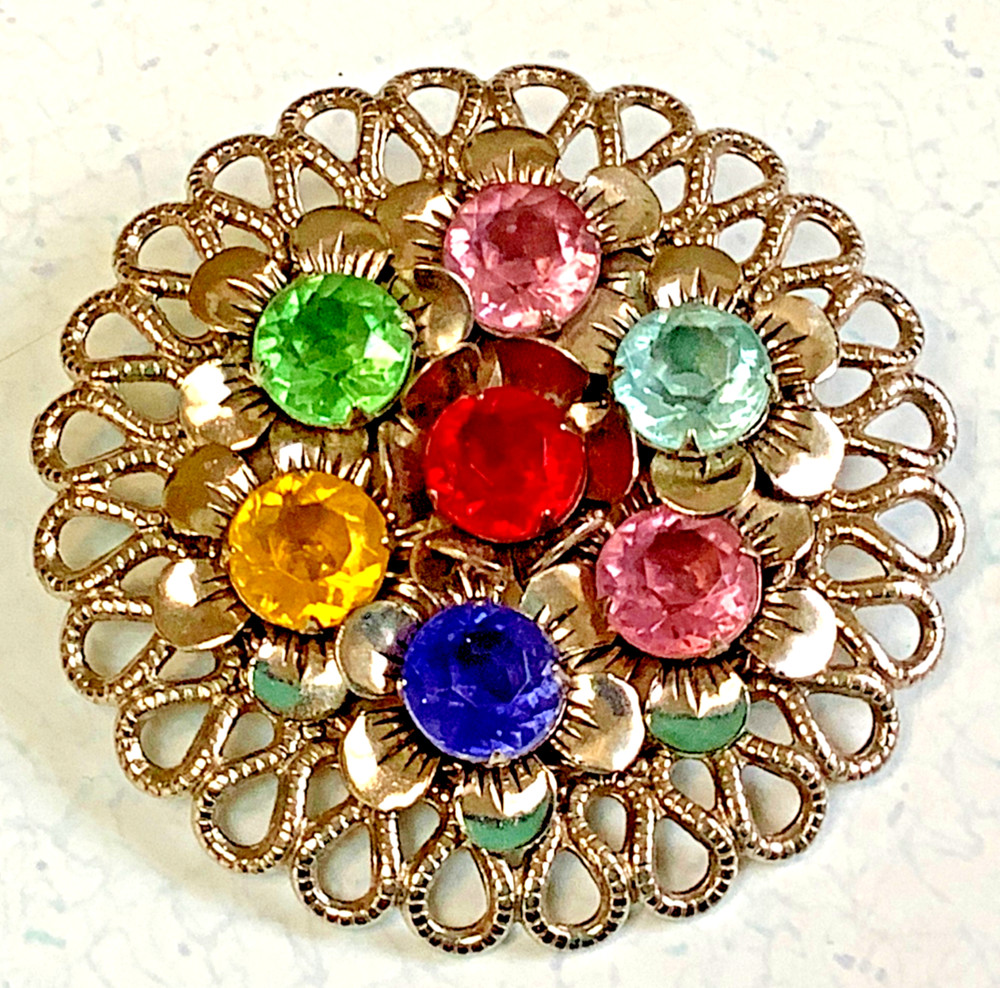 Vintage Silver Tone Flower Brooch Pin Riveted Acrylic Prong Set Stones Unsigned