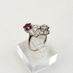 Antique Art Deco Ruby, Old European Diamond Platinum Ring
