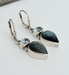 Vintage Sterling Silver Blue Topaz Labradorite Drop Dangle Lever-back Earrings