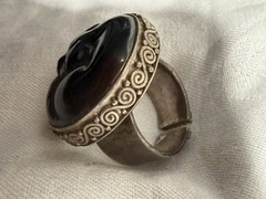 Vintage Silver 925 Sajen Size 8 Hematite Carved Sleeping Cat Ring