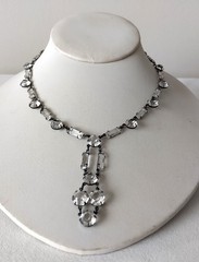 Art Deco 1920s Open Back Crystal Rhinestone Necklace Silver Tone Drop 15″