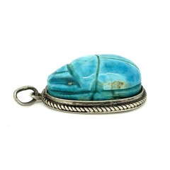 Egyptian Revival Scarab Beetle Vintage Turquoise, Sterling Silver Charm Pendant