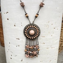 VTG VCLM Signed Boho Statement Medallion Necklace Peach Wood Bead Fringe Fringe