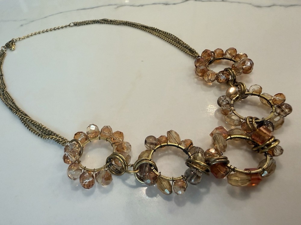 22″ Boho Wire Wrapped 5 HOOP NECKLACE Vtg GOLD TONE Beaded Statement Necklace