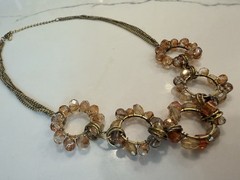 22″ Boho Wire Wrapped 5 HOOP NECKLACE Vtg GOLD TONE Beaded Statement Necklace