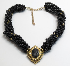 VTG Victorian Revival Twisted Black Bead Gold Tone Cameo Pendant Necklace 16-18″