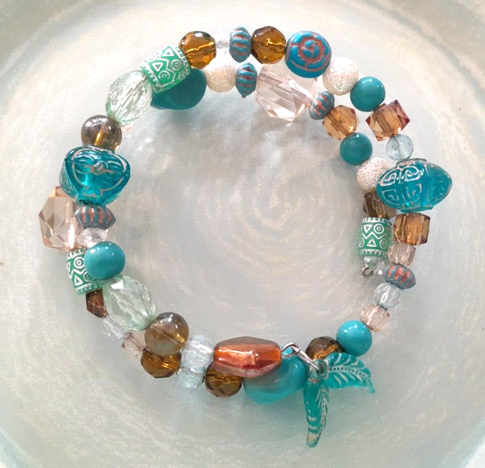 Vintage Boho Style 1980’s Teal Blue Brown Acrylic Beads Wrap Bracelet Fits All