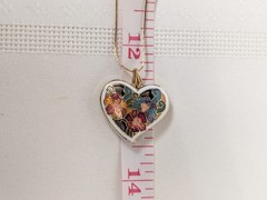 Vintage Cloisonne Puffy Two Sided Heart Floral Pendant Gold Toned Chain Necklace