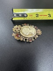 Vintage Cameo Brooch Floral Accents Gold Tone Oval Metal Resin