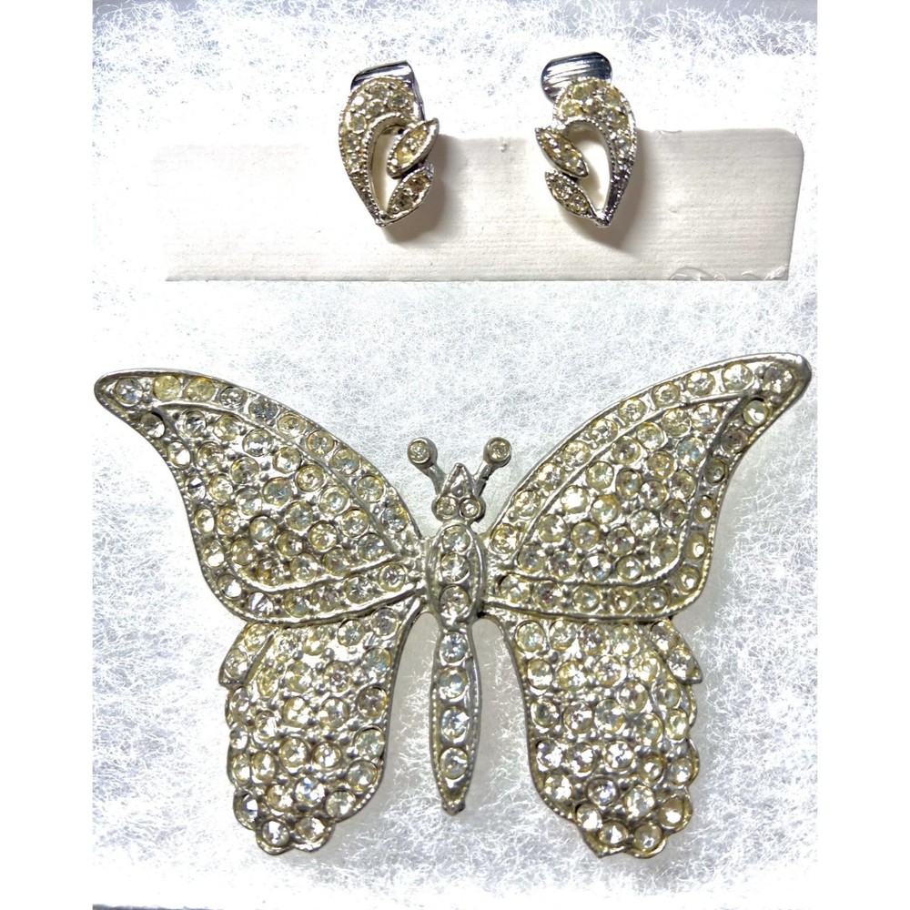 Rhinestone Butterfly Brooch with Rair of Rhinestone Clip On Earrings Set Glam