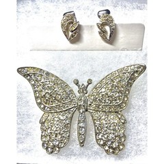Rhinestone Butterfly Brooch with Rair of Rhinestone Clip On Earrings Set Glam