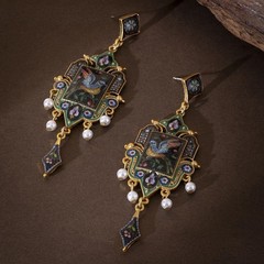 Vintage European Painted Bird Floral Enamel Drop Earrings Pearl Gold Victorian