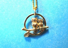 Owls necklace birds on branch pendant pair of owls pendant Gold Owls Necklace