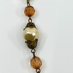 Vintage Earth Tone Beaded Necklace Green Gold Faux Pearl Bronze Tone Chain Retro