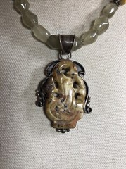 24. Vintage 925 Sterling Faceted Prehnite Beads Carved stone Pendant Necklace