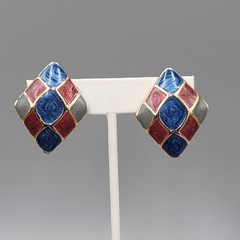 Blue Red Gray Enamel Vintage Clip on Earrings Gold tone 1.5 in