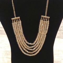 Vintage Layered Glass bib Necklace Champagne Colored Statement Sparkle Jewelry