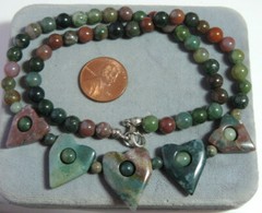 Pink Green Agate Stone Carved Heart Pendant Bead Strand 18″ Necklace Cf 68
