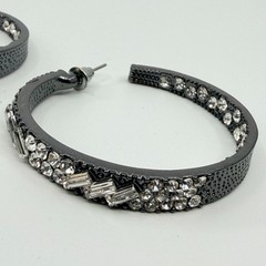 VTG Gunmetal Rhinestone Hoop Earrings Thick Baguette Crystal Inside Out Glitz
