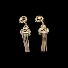 Antique Asian Dragon Jade Carnelian Cabochon Dangle Screw Back Tassel Earrings