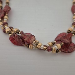 Vtg Estate Gold Foil Cranberry Leaf Pearl Glass Beaded Collar Necklace 3 Strand