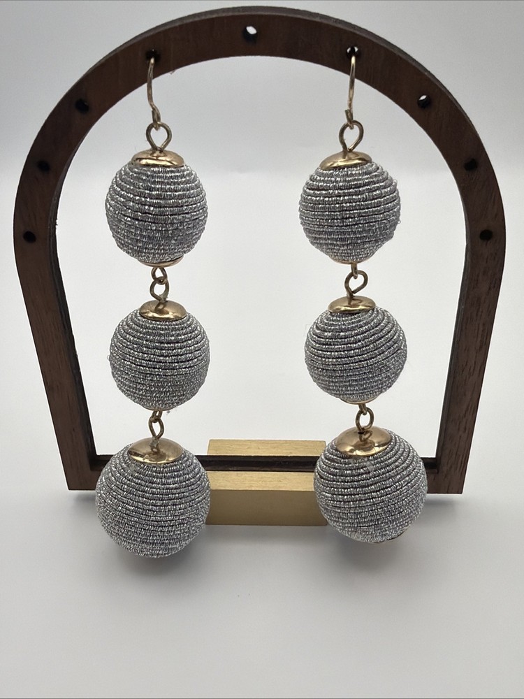 Vtg. Silver Thread Wrapped Bead Dangle Earrings Gold Tone 3.5in Statement Boho