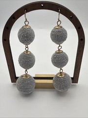 Vtg. Silver Thread Wrapped Bead Dangle Earrings Gold Tone 3.5in Statement Boho