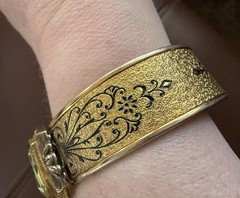 Antique Art Deco Bangle JJ White Bracelet Gold Plated Green Stone Vintage
