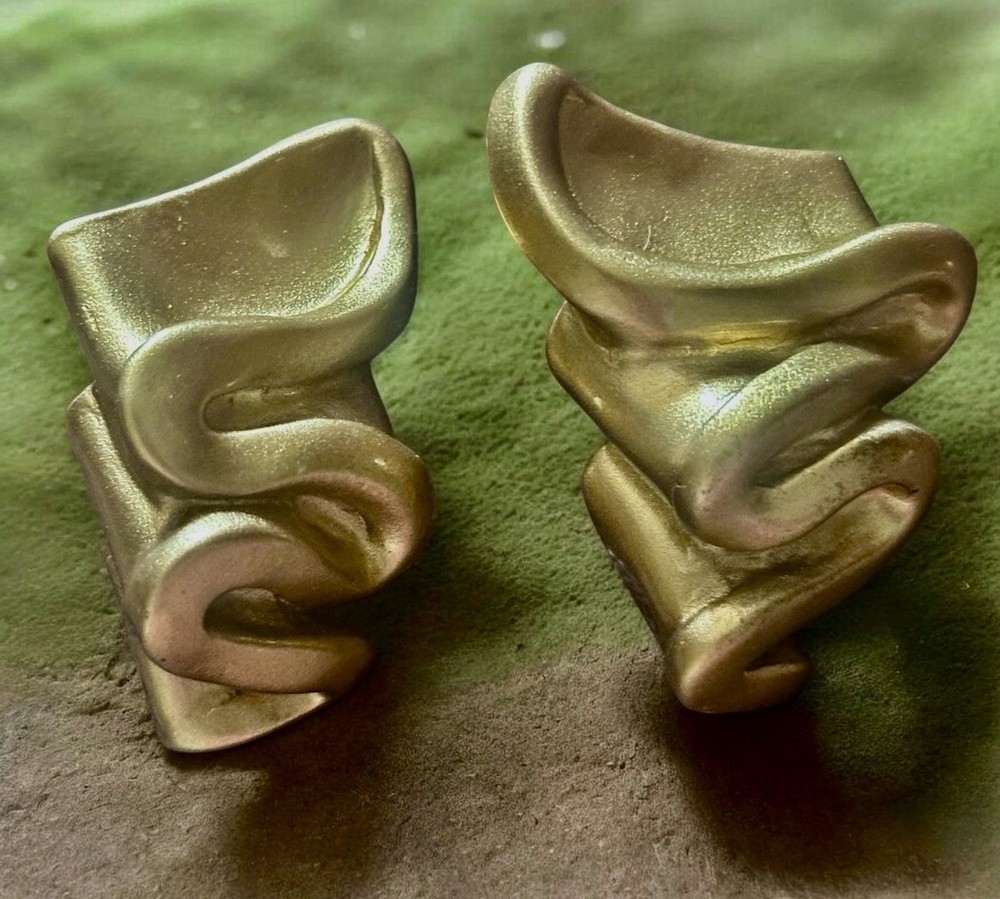 Vintage Signed Gold Tone Abstract Wave Clip On Earrings Brushed Finish