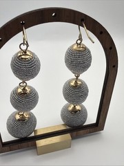 Vtg. Silver Thread Wrapped Bead Dangle Earrings Gold Tone 3.5in Statement Boho