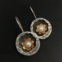 Modernist Pearl Earrings Handmade Silver Gold Israeli Artist Studio VTG Jewelry