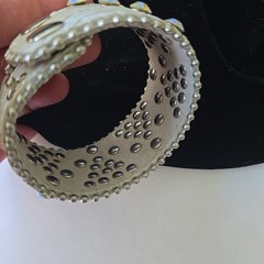 Vintage 80s Genuine Leather AB Glass Rhinestones Bangle Snaps Bracelet 7-7.5″ Wt