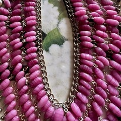 Vintage Pink Art Glass Faux Pearl Fringe Bib Statement Necklace Dramatic Runway